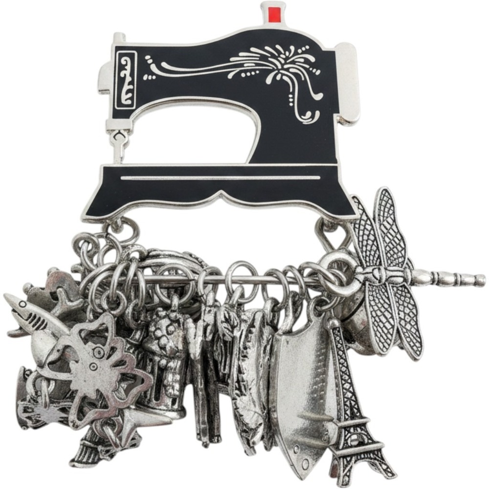 Pinpeddlers Silver Tone Enamel Sewing Machine Charm Brooch Travel Hobby Quirky